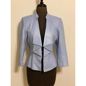 White House Black Market Powder Blue Leather Blazer with Pleated Collar - Size S
